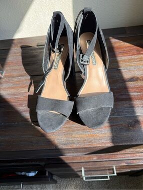 Audrey Brooke Black Suede Open-Toe Ankle-Strap Block Heels